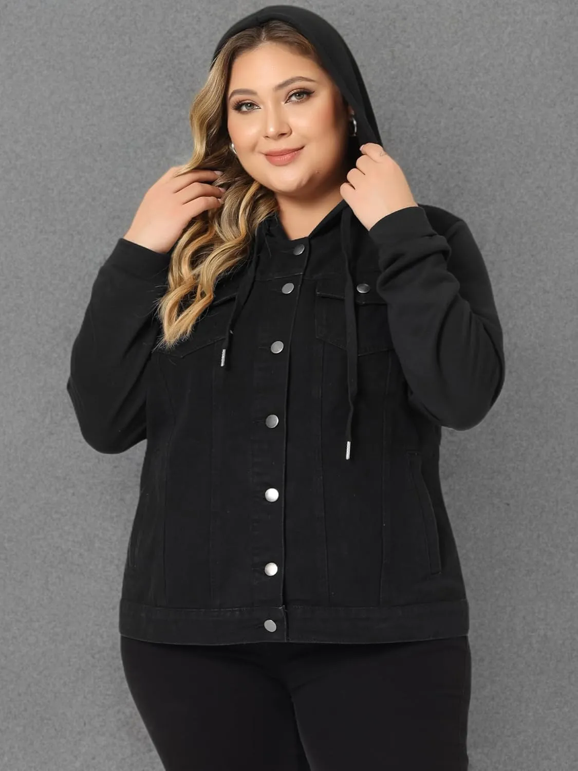 Agnes Orinda Women's Plus Size Denim Jacket with Hood Long Sleeve Western Outfit Casual Hoodie Jean Jackets