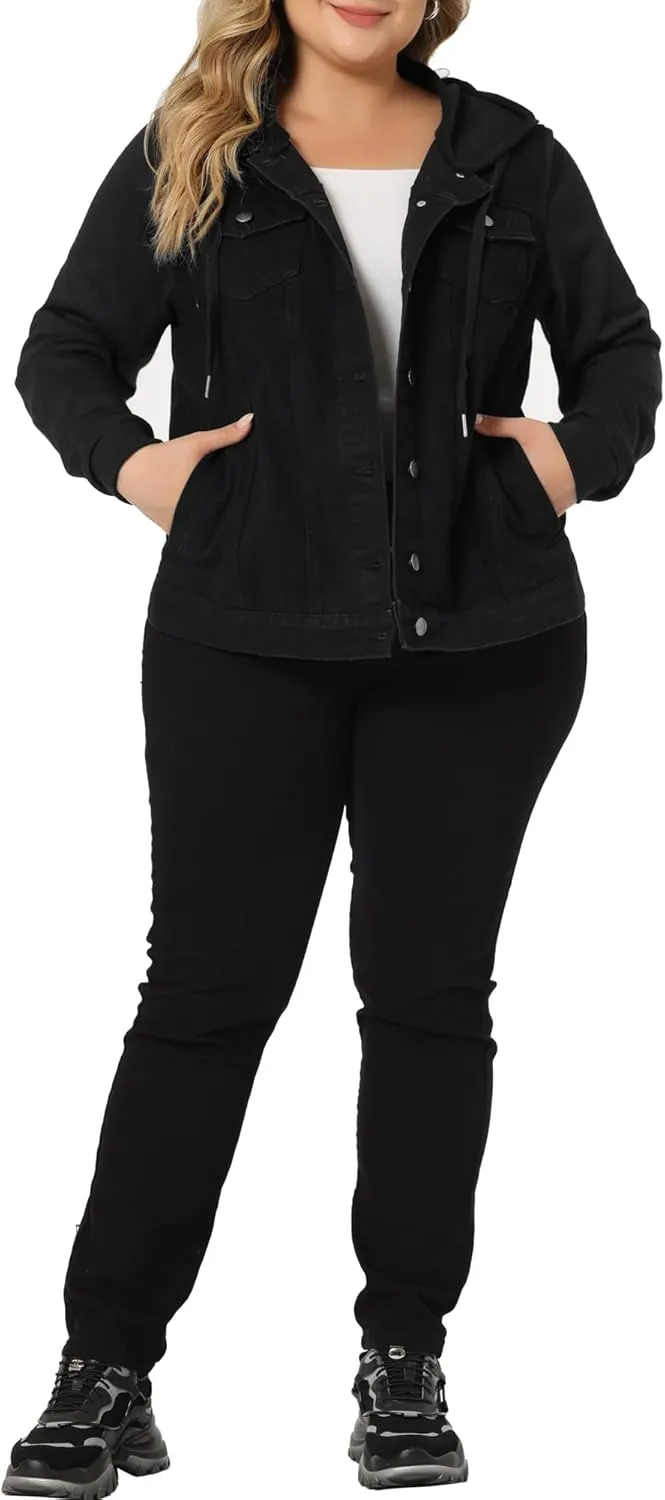 Agnes Orinda Women's Plus Size Denim Jacket with Hood Long Sleeve Western Outfit Casual Hoodie Jean Jackets