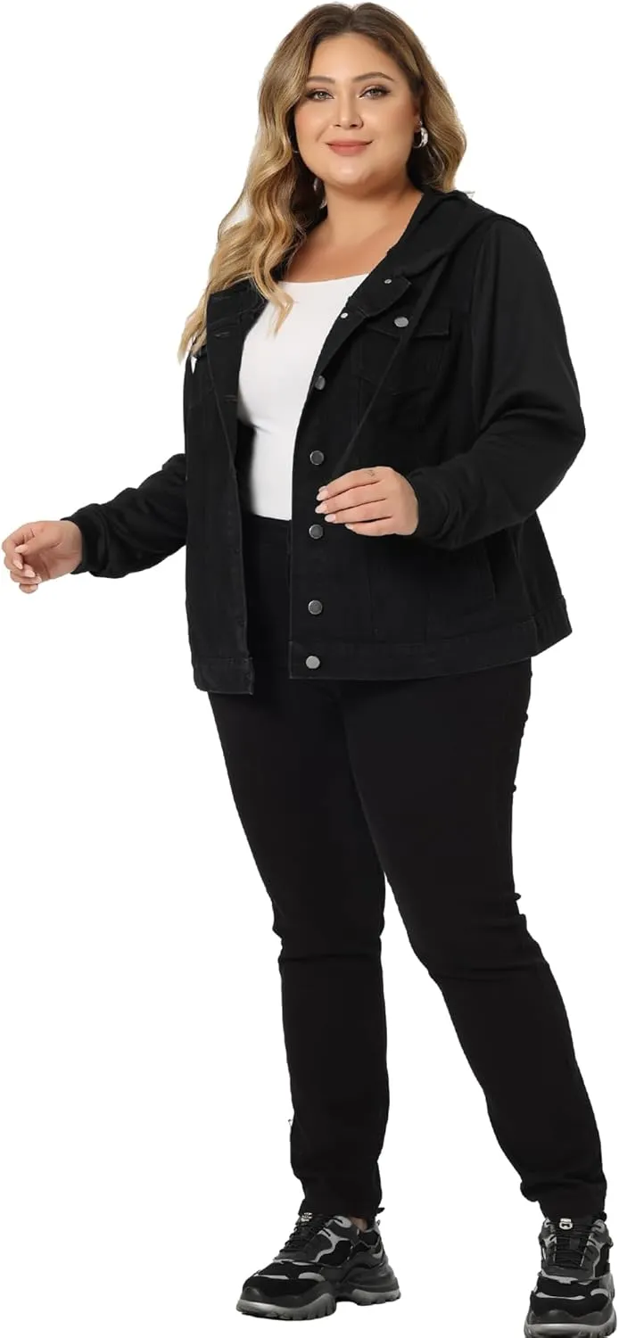 Agnes Orinda Women's Plus Size Denim Jacket with Hood Long Sleeve Western Outfit Casual Hoodie Jean Jackets