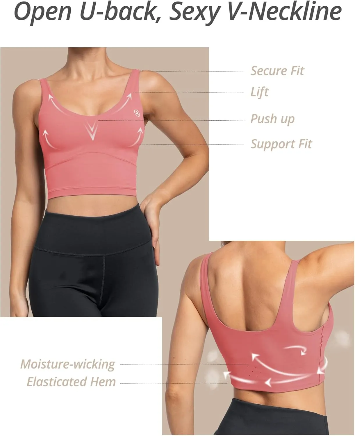 AKASO Womens Longline Sports Bra Tank Top Padded Workout Running Yoga