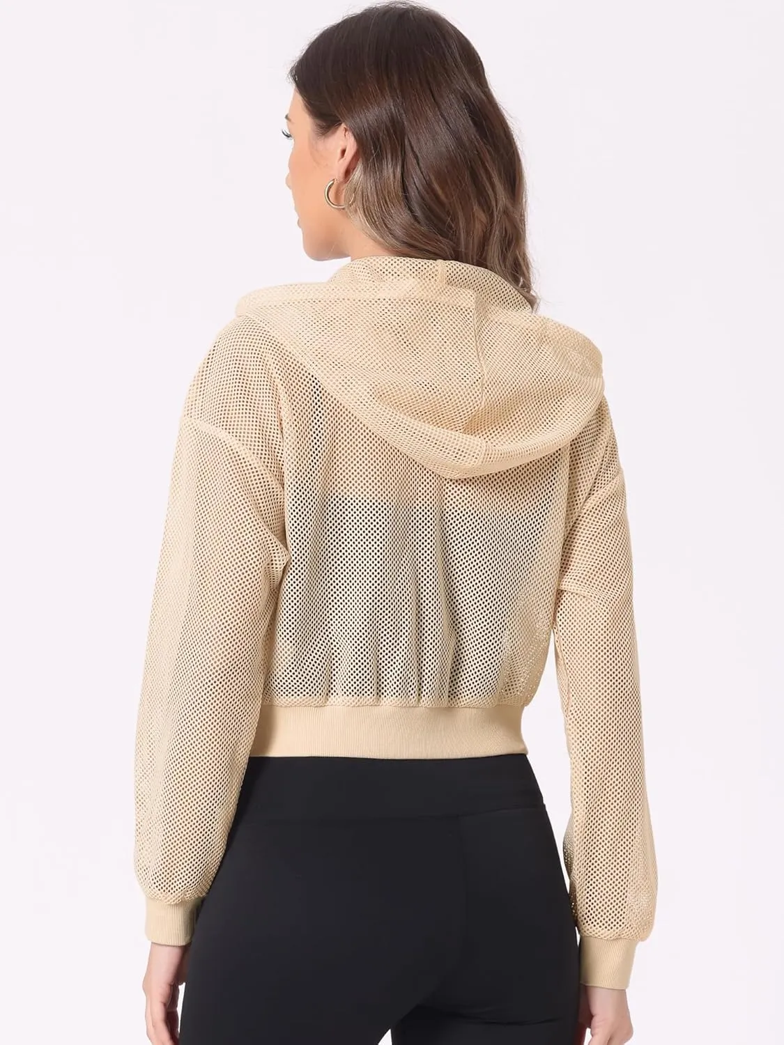 Allegra K Hoodie Jacket for Women's Zip Up Cropped Mesh Jackets Workout Long Sleeve Sheer Bomber Jacket