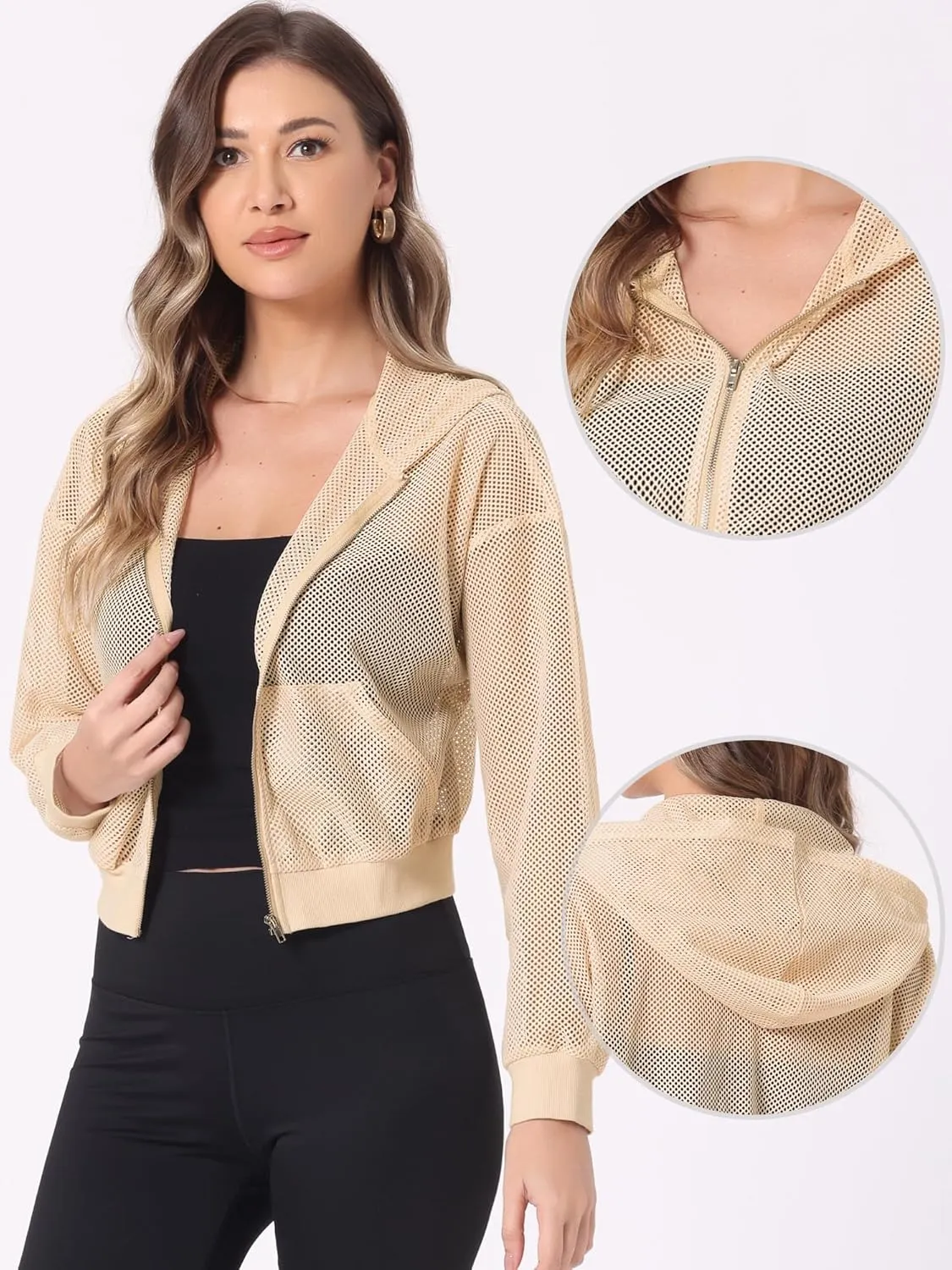Allegra K Hoodie Jacket for Women's Zip Up Cropped Mesh Jackets Workout Long Sleeve Sheer Bomber Jacket