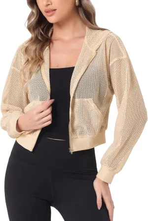 Allegra K Hoodie Jacket for Women's Zip Up Cropped Mesh Jackets Workout Long Sleeve Sheer Bomber Jacket