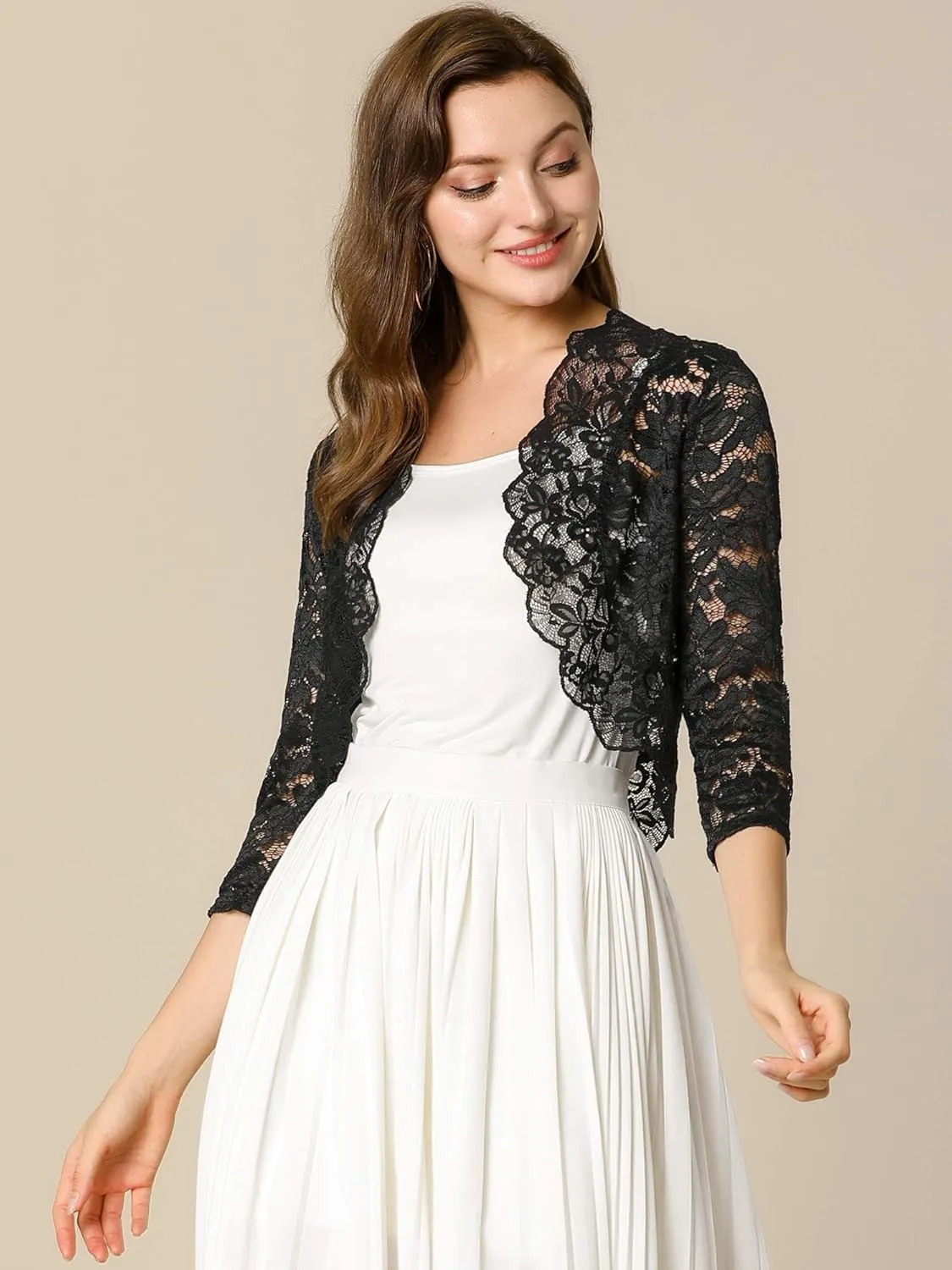 Allegra K Women's Elegant 3/4 Sleeve Sheer Floral Lace Shrug Top