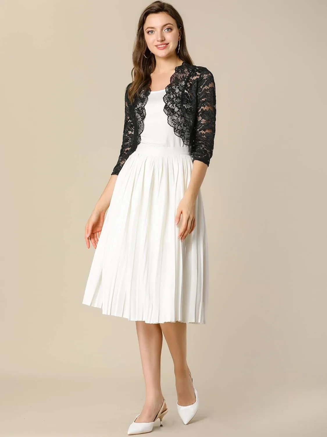 Allegra K Women's Elegant 3/4 Sleeve Sheer Floral Lace Shrug Top