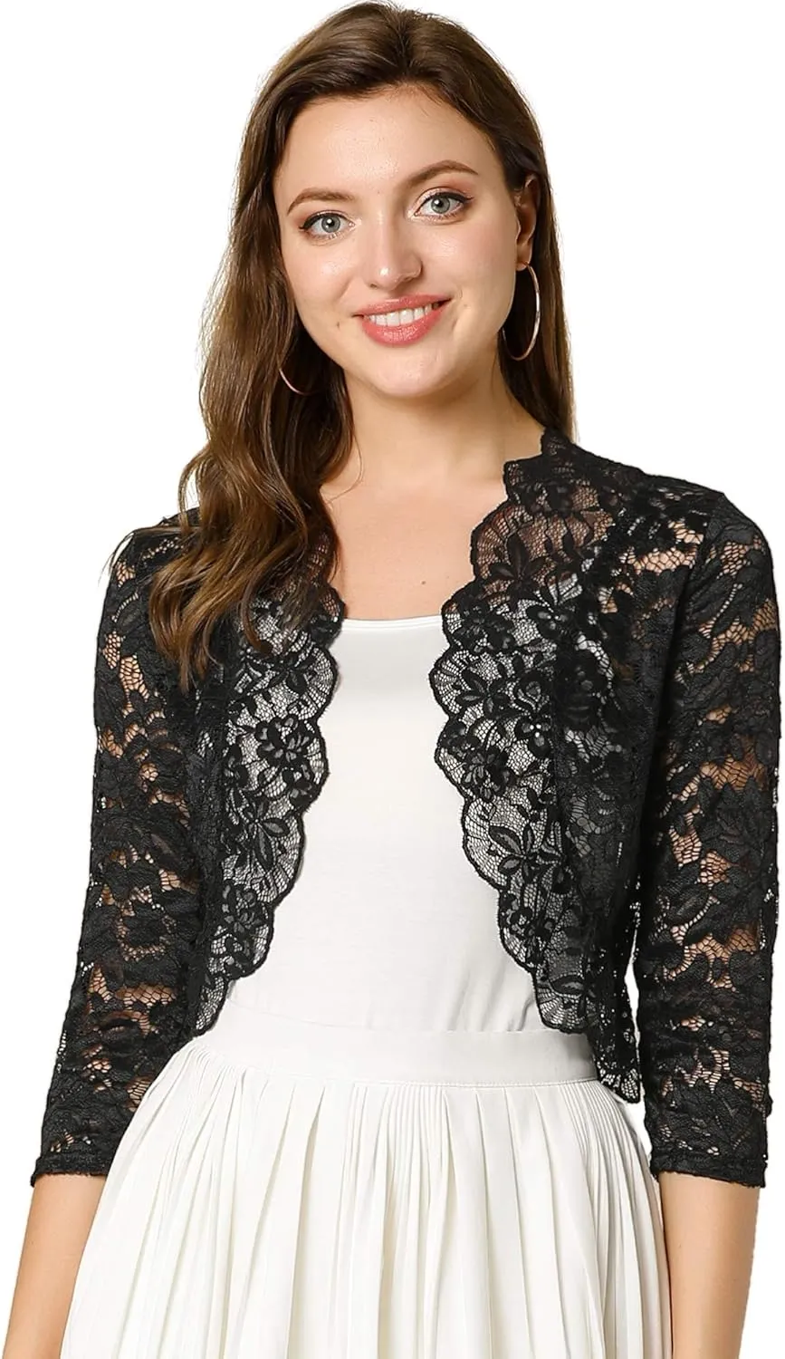 Allegra K Women's Elegant 3/4 Sleeve Sheer Floral Lace Shrug Top