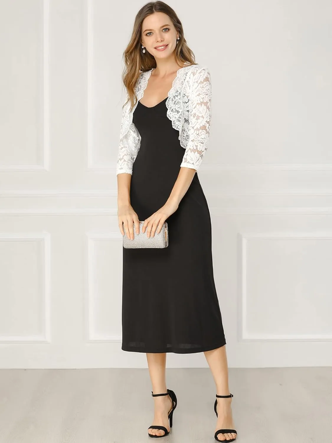 Allegra K Women's Elegant 3/4 Sleeve Sheer Floral Lace Shrug Top