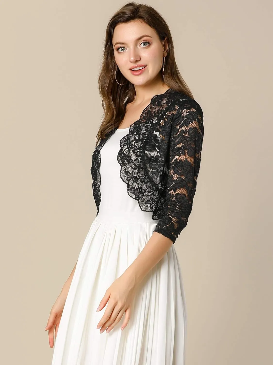 Allegra K Women's Elegant 3/4 Sleeve Sheer Floral Lace Shrug Top