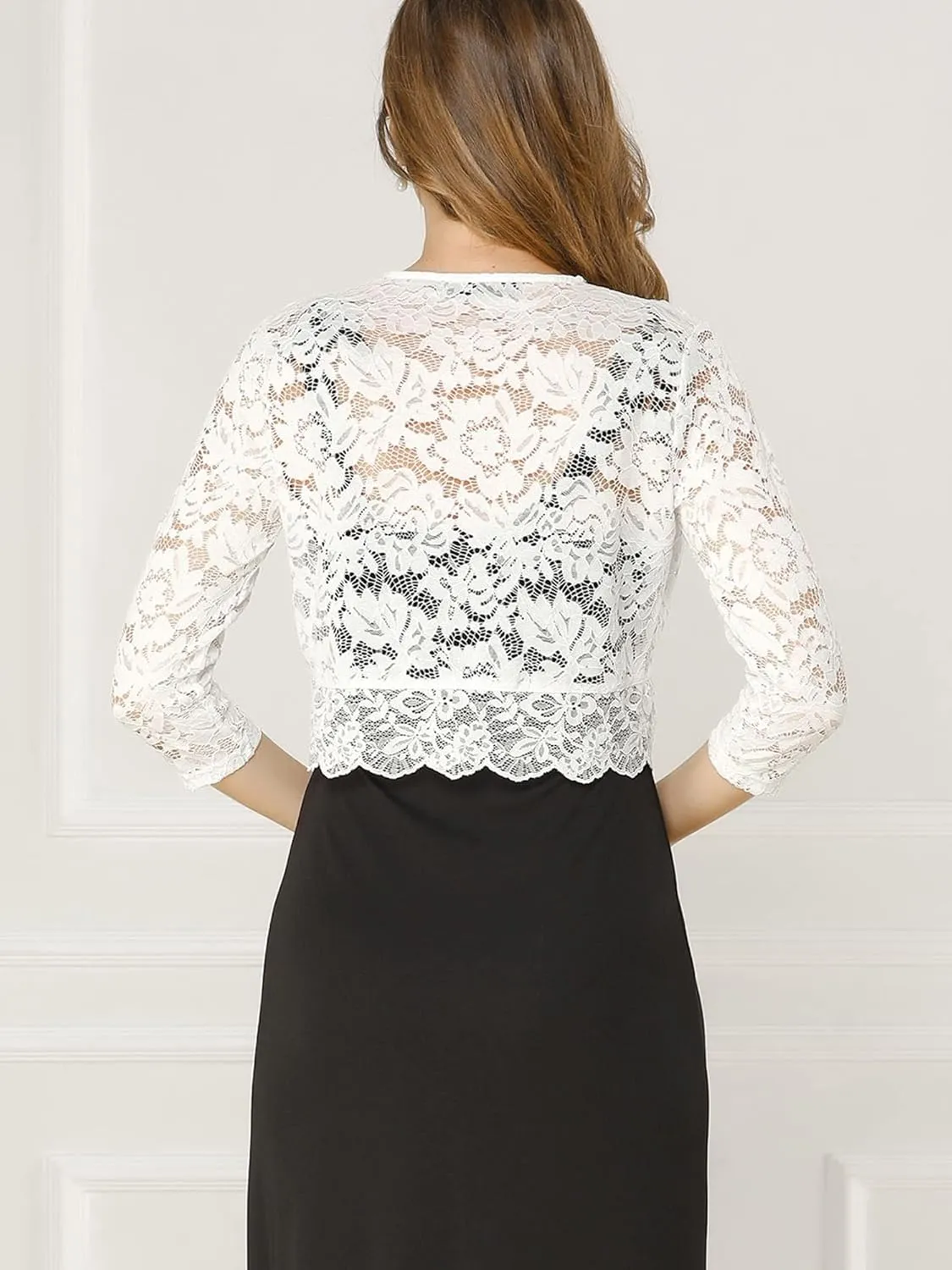 Allegra K Women's Elegant 3/4 Sleeve Sheer Floral Lace Shrug Top
