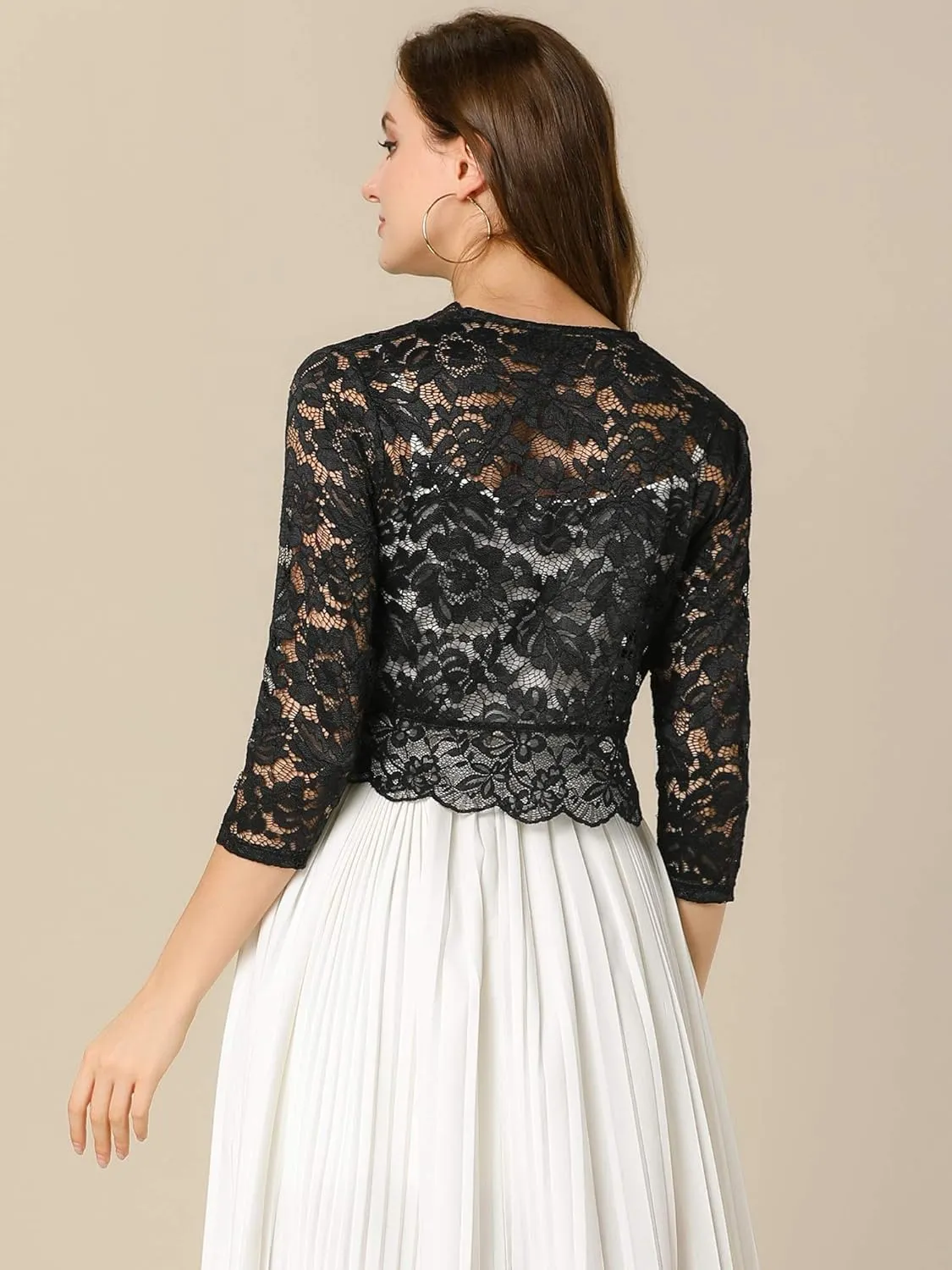 Allegra K Women's Elegant 3/4 Sleeve Sheer Floral Lace Shrug Top