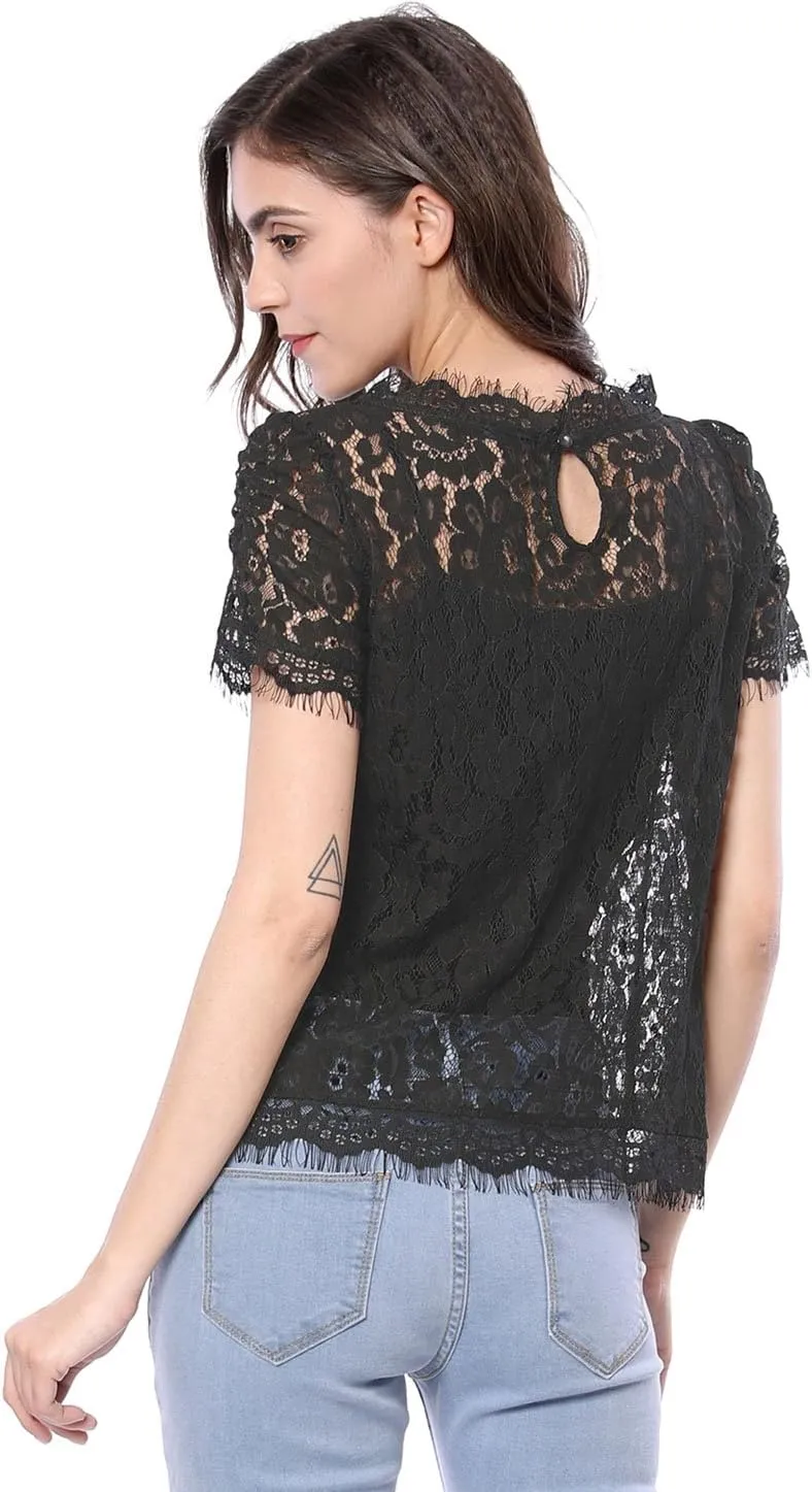 Allegra K Women's Lace Floral Scalloped Trim Short Sleeve Semi Sheer Top
