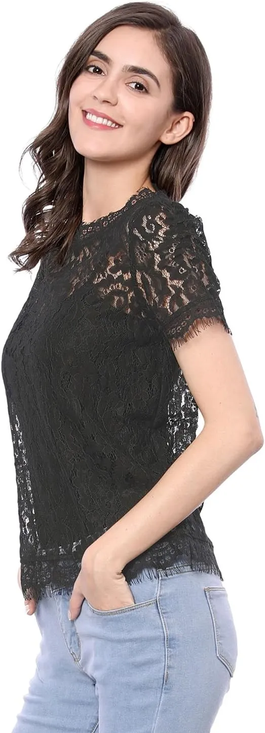 Allegra K Women's Lace Floral Scalloped Trim Short Sleeve Semi Sheer Top