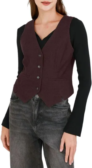 Amazhiyu Women's Wool Button-up Sleeveless Waistcoat Vest Crop Top with Pockets