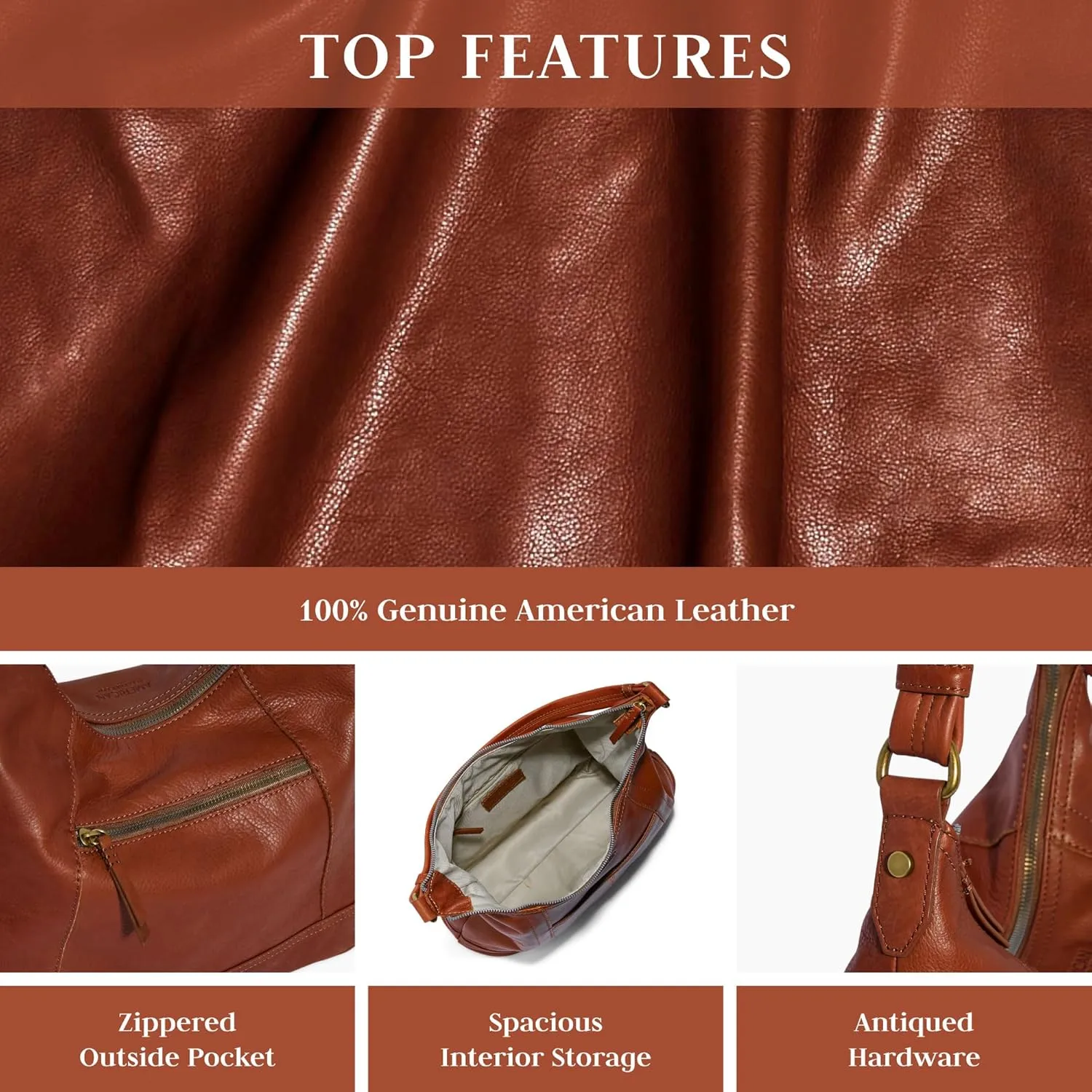 American Leather Hudson Hobo Shoulder Bag, Soft Leather Purse, Handbag With Zippered Compartments & Slip Pockets for Women