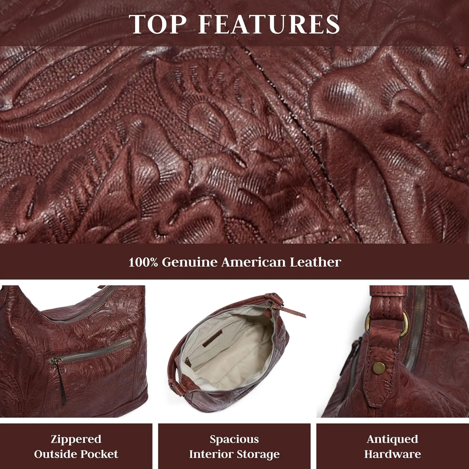 American Leather Hudson Hobo Shoulder Bag, Soft Leather Purse, Handbag With Zippered Compartments & Slip Pockets for Women