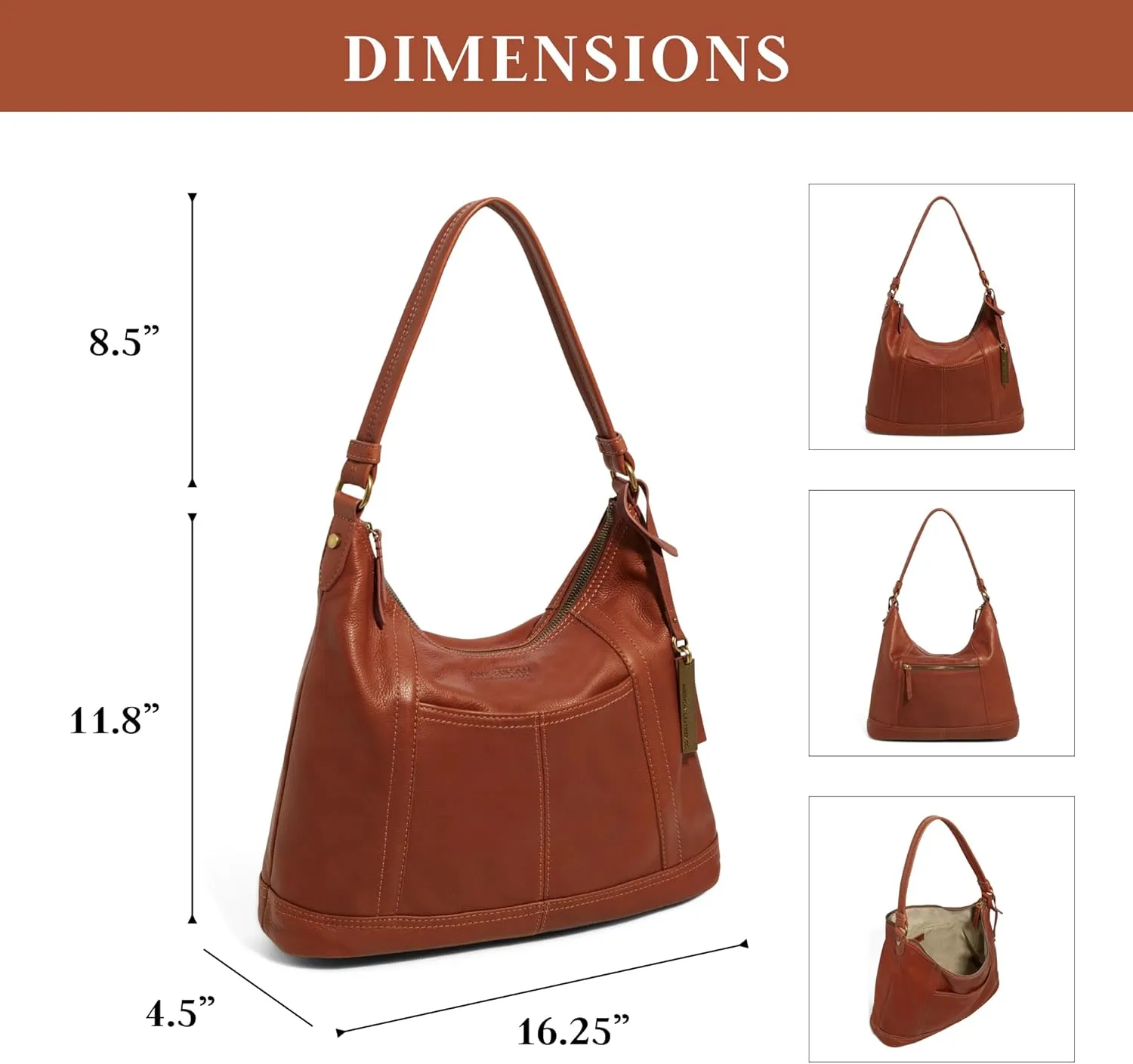 American Leather Hudson Hobo Shoulder Bag, Soft Leather Purse, Handbag With Zippered Compartments & Slip Pockets for Women