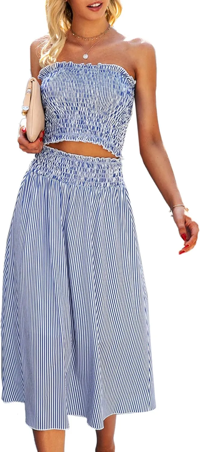 Angashion Women's Floral Crop Top Maxi Skirts Set 2 Piece Outfit Dress