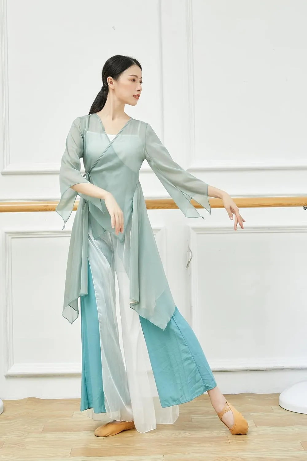 Angcoco Women's Chinese Traditional Slit Sleeves See-Through Chiffon Dance Cardigan Top