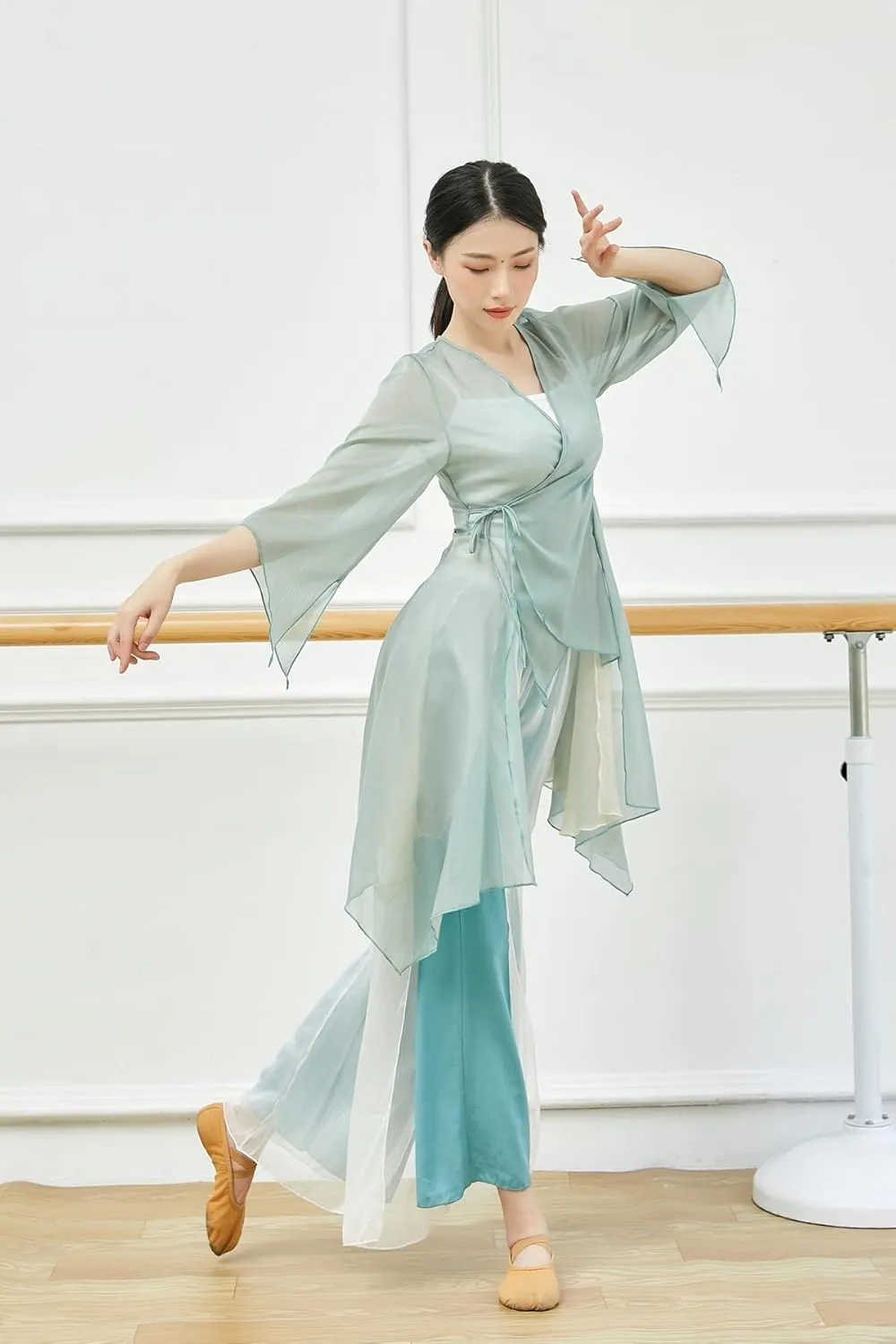 Angcoco Women's Chinese Traditional Slit Sleeves See-Through Chiffon Dance Cardigan Top
