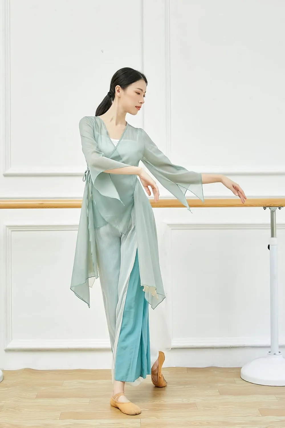Angcoco Women's Chinese Traditional Slit Sleeves See-Through Chiffon Dance Cardigan Top