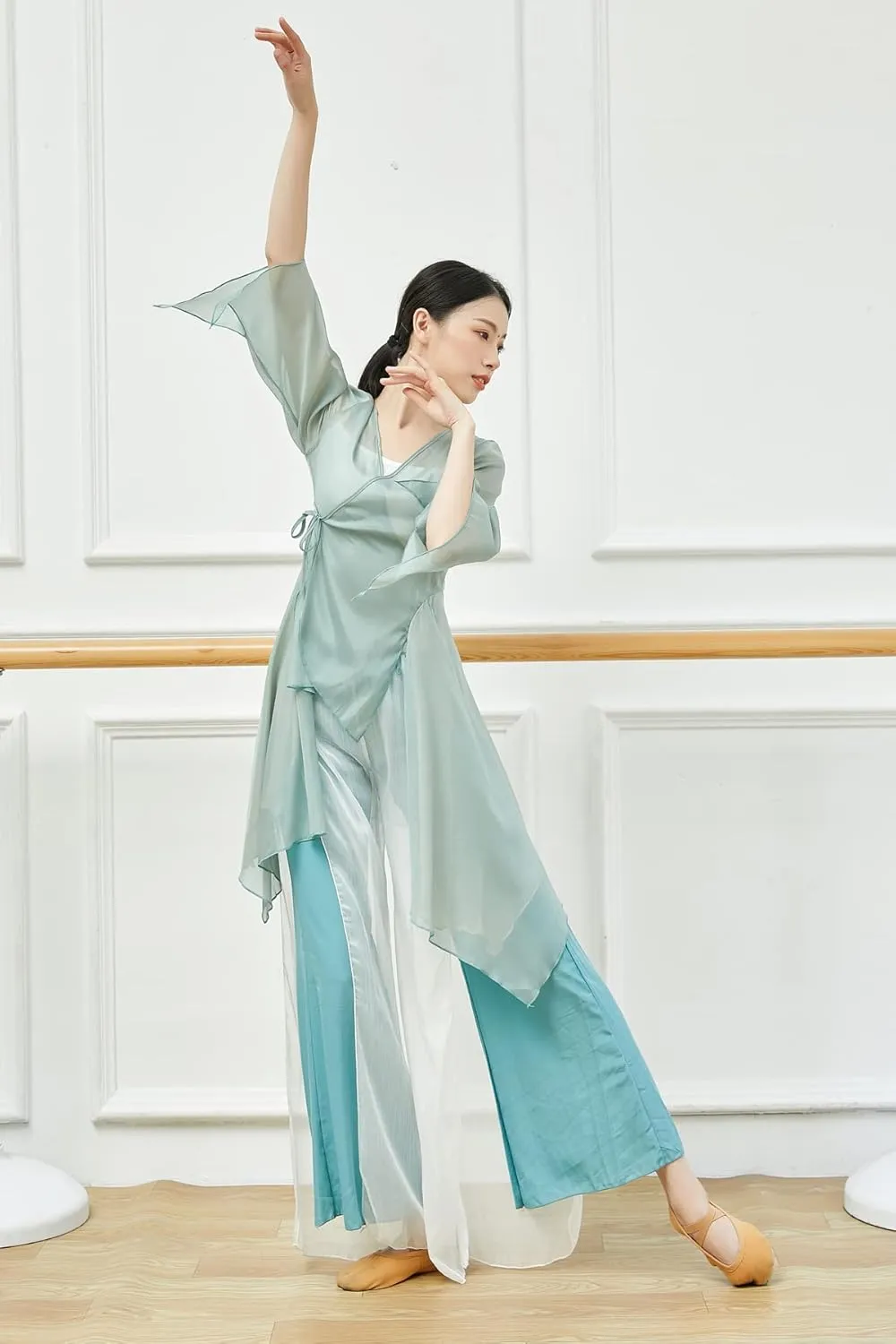 Angcoco Women's Chinese Traditional Slit Sleeves See-Through Chiffon Dance Cardigan Top