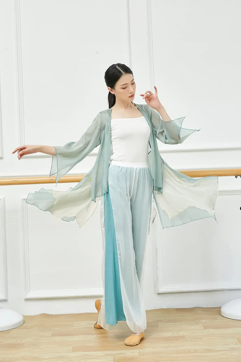 Angcoco Women's Chinese Traditional Slit Sleeves See-Through Chiffon Dance Cardigan Top