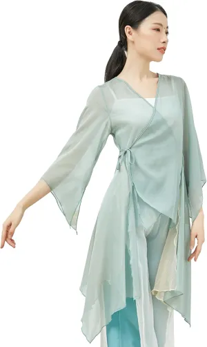 Angcoco Women's Chinese Traditional Slit Sleeves See-Through Chiffon Dance Cardigan Top