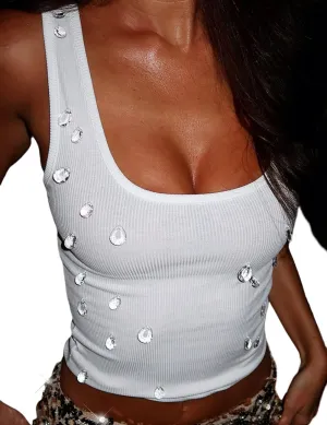 Angels' Tears Y2K Women's Rhinestone Embellished Ribbed Square Neck Sleeveless Crop Top