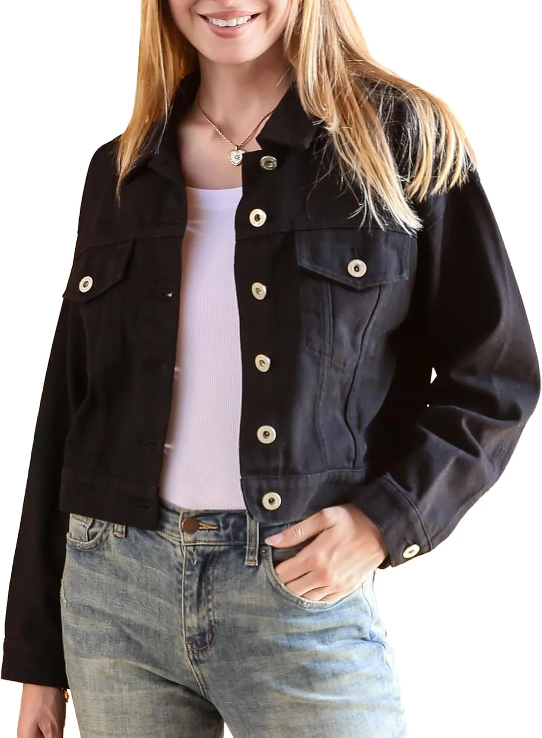 Anna-Kaci Women's Classic Long Sleeve Button Down Crop Denim Jean Jackets with Pockets
