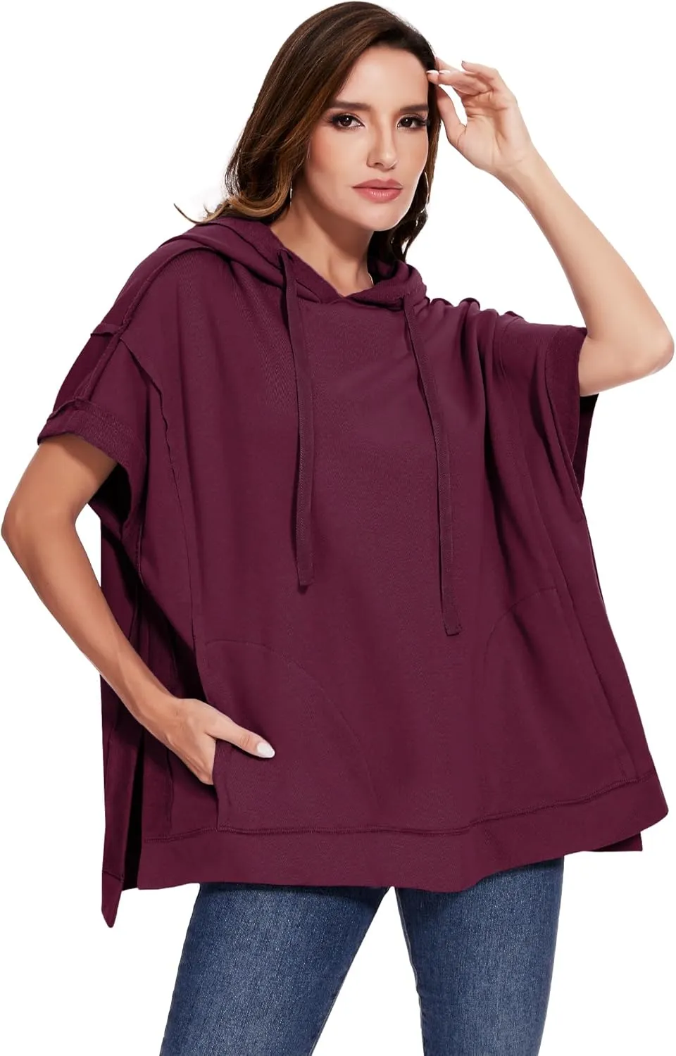 Anna-Kaci Womens Oversized Short Sleeve Hoodie Side Slits Pullover Sweater Top
