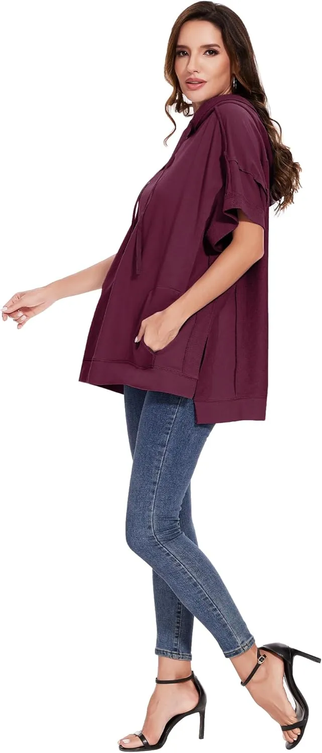 Anna-Kaci Womens Oversized Short Sleeve Hoodie Side Slits Pullover Sweater Top