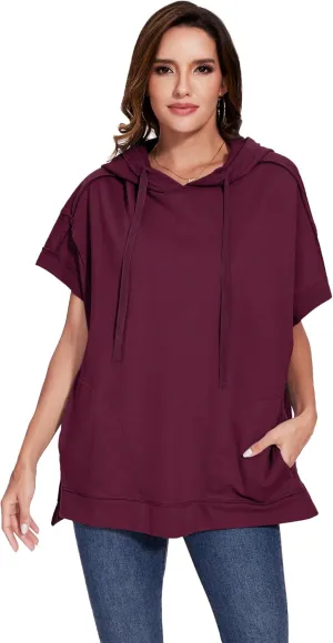 Anna-Kaci Womens Oversized Short Sleeve Hoodie Side Slits Pullover Sweater Top