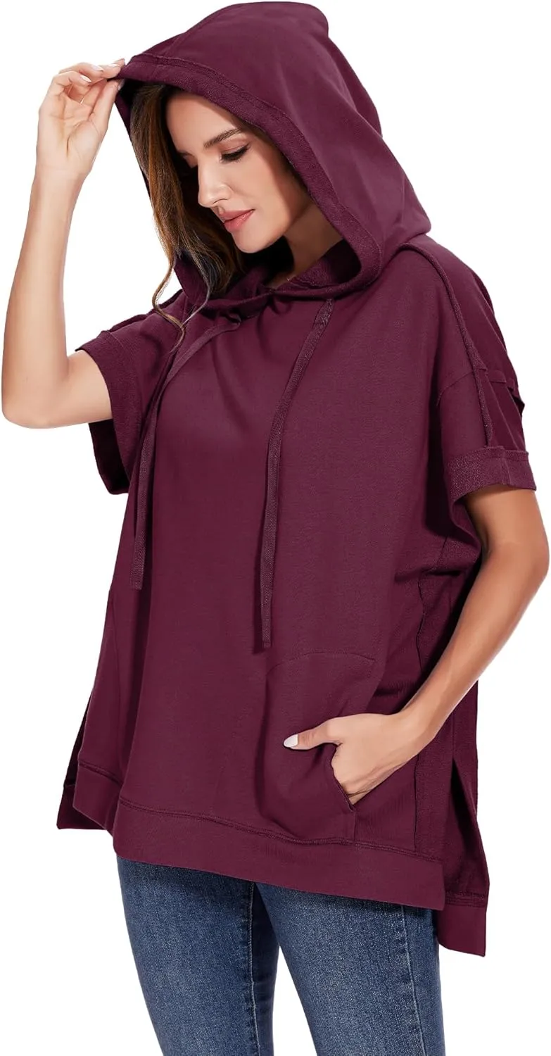 Anna-Kaci Womens Oversized Short Sleeve Hoodie Side Slits Pullover Sweater Top