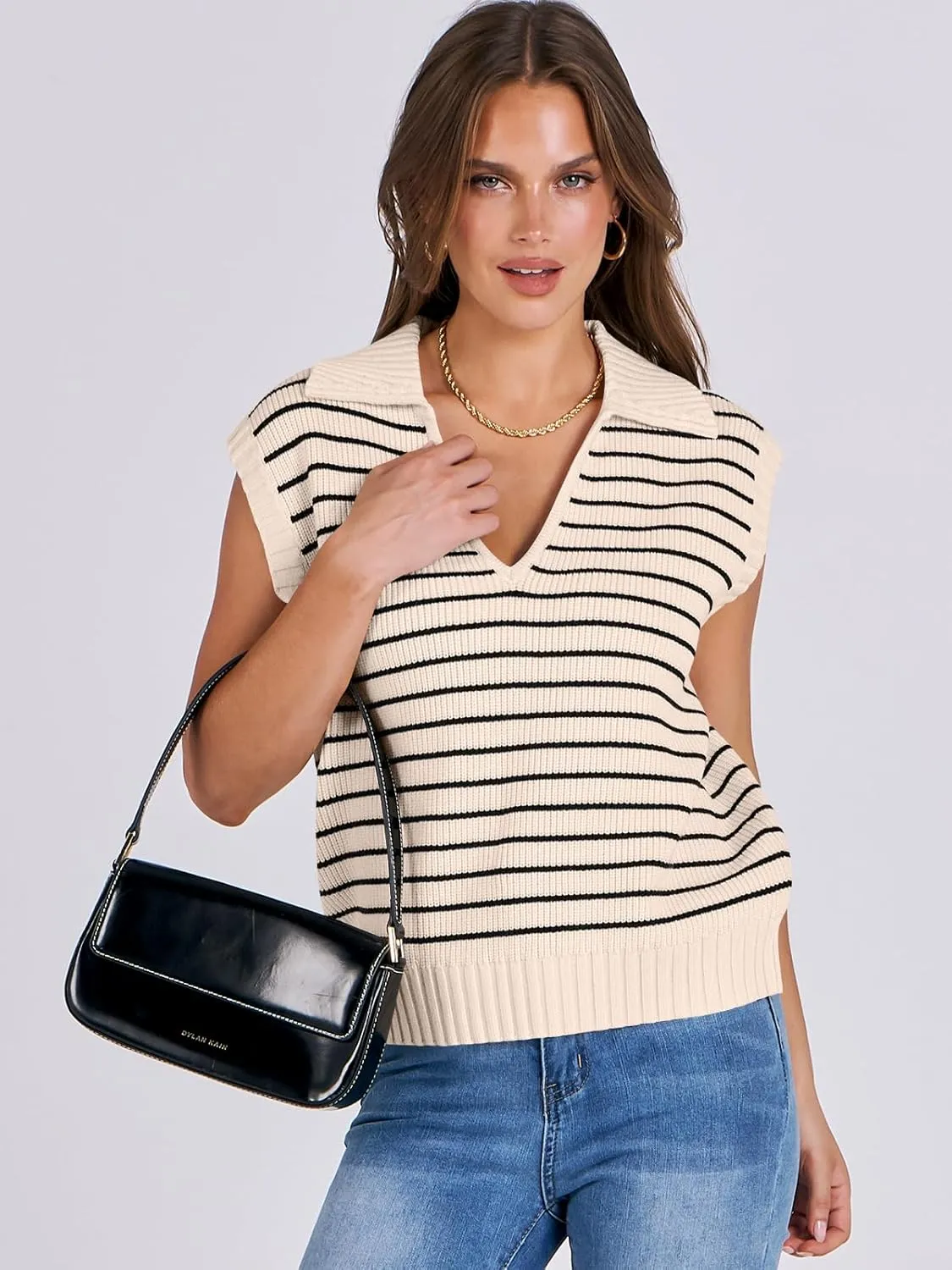 ANRABESS Women Summer Tank Tops Striped Sleeveless Polo V Neck Knit Sweater Vest Shirts 2025 Trendy Cute Outfits