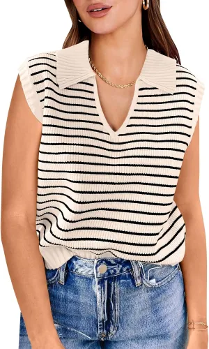 ANRABESS Women Summer Tank Tops Striped Sleeveless Polo V Neck Knit Sweater Vest Shirts 2025 Trendy Cute Outfits