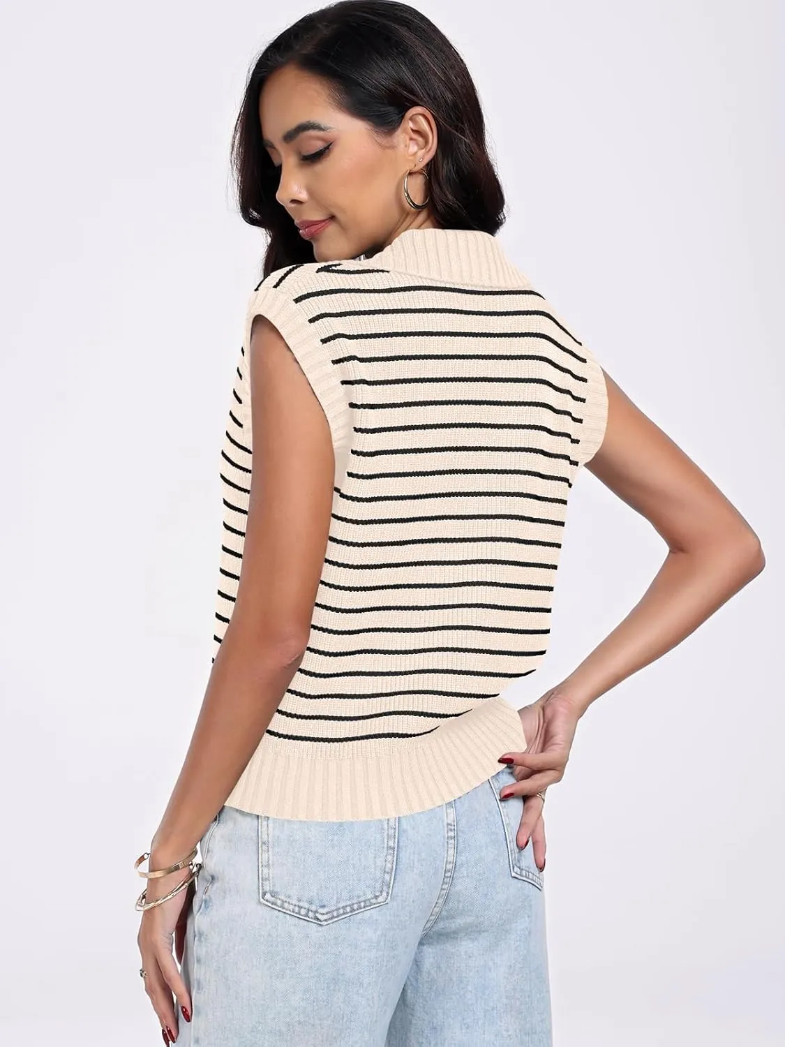 ANRABESS Women Summer Tank Tops Striped Sleeveless Polo V Neck Knit Sweater Vest Shirts 2025 Trendy Cute Outfits