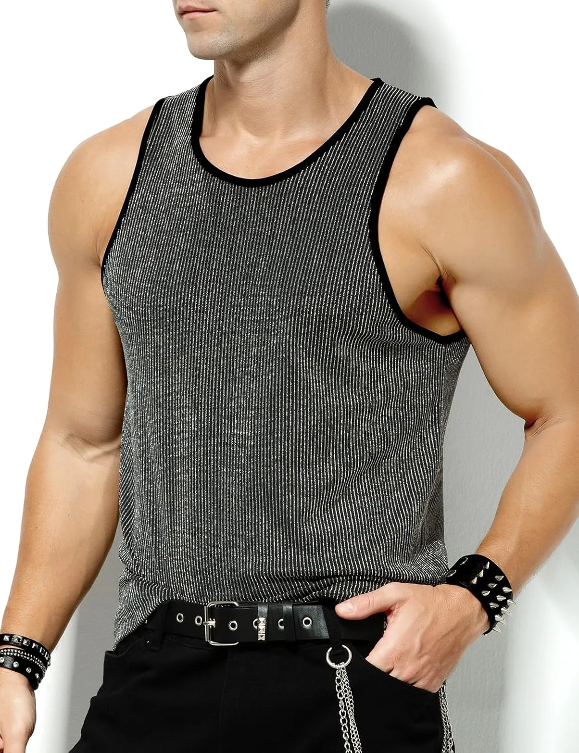 Arjen Kroos Men's Sequin Sleeveless Tank Top Sparkly Rave Metallic T-Shirt