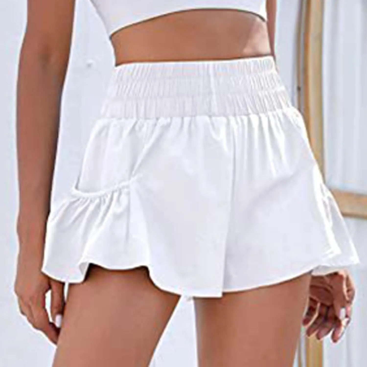 Athletic Skorts for Women Ruffle Hem Elastic High Waisted Running Workout Skirt Wide Leg Lightweight Gym Shorts with Pockets