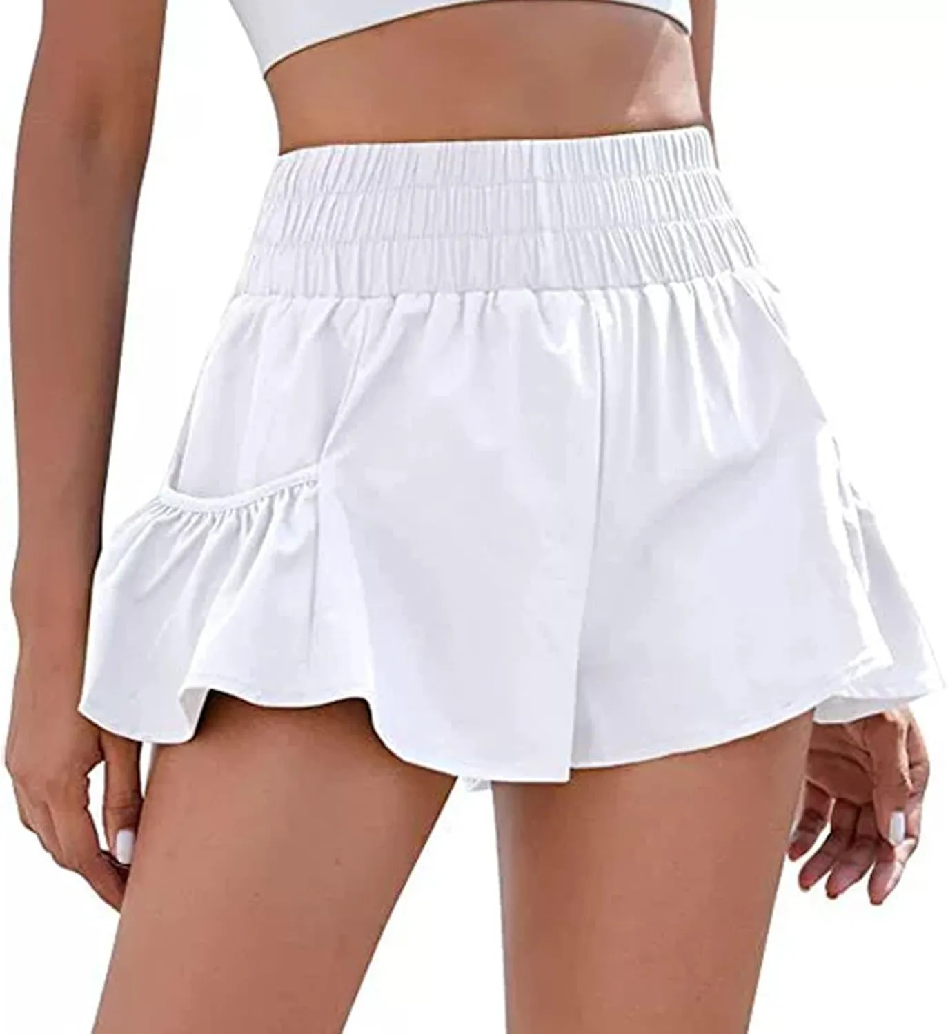 Athletic Skorts for Women Ruffle Hem Elastic High Waisted Running Workout Skirt Wide Leg Lightweight Gym Shorts with Pockets