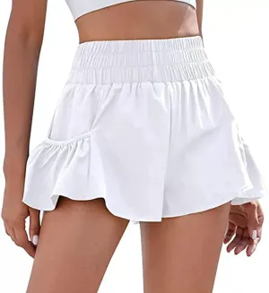 Athletic Skorts for Women Ruffle Hem Elastic High Waisted Running Workout Skirt Wide Leg Lightweight Gym Shorts with Pockets
