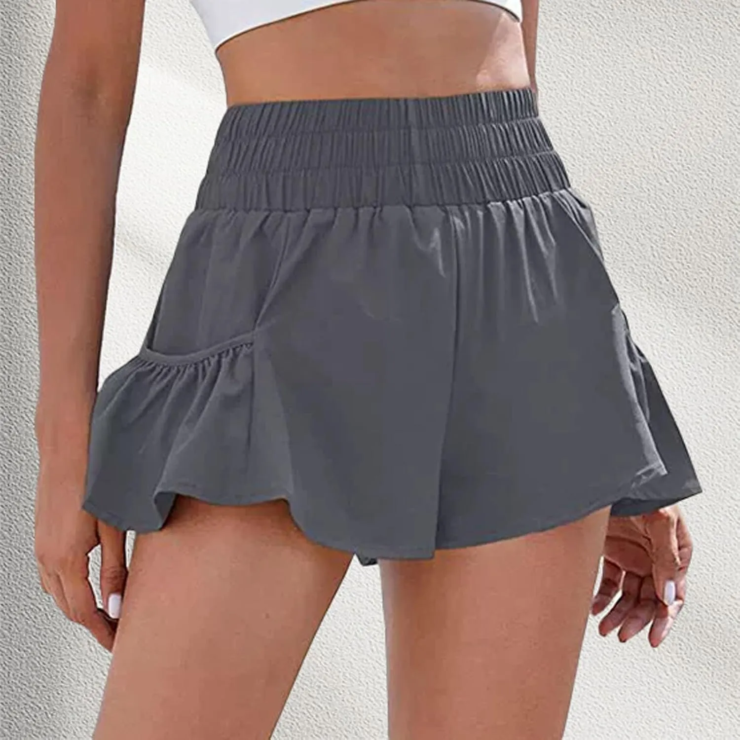 Athletic Skorts for Women Ruffle Hem Elastic High Waisted Running Workout Skirt Wide Leg Lightweight Gym Shorts with Pockets