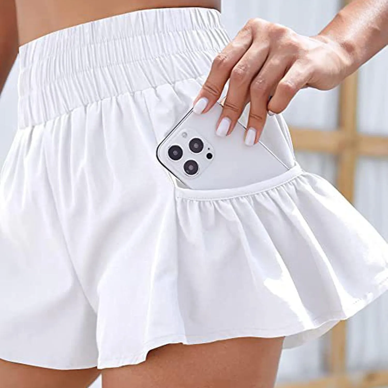 Athletic Skorts for Women Ruffle Hem Elastic High Waisted Running Workout Skirt Wide Leg Lightweight Gym Shorts with Pockets