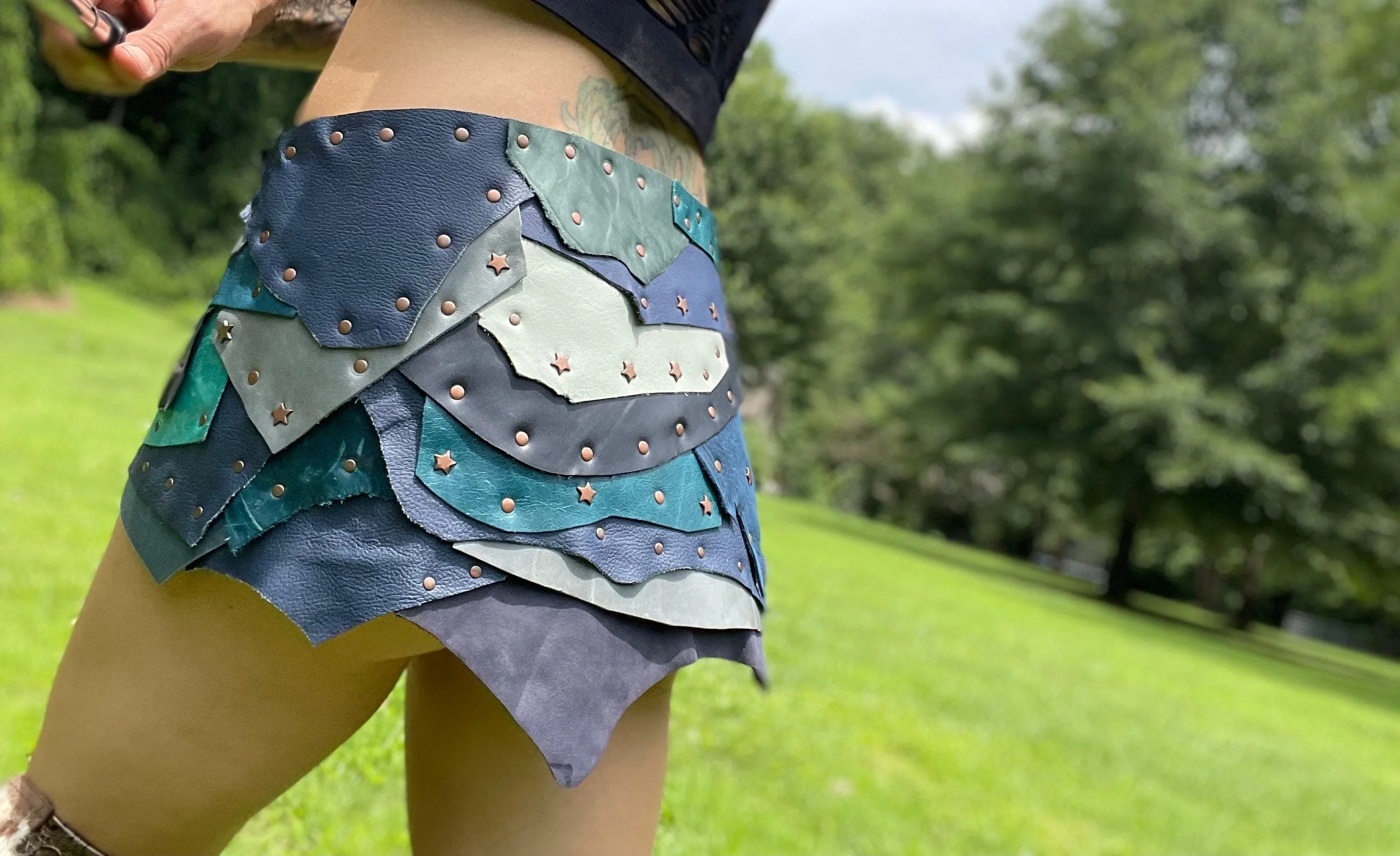 AZURITE, Steampunk meets Viking: Blue Leather Patchwork Skirt with Utility Belt - Perfect for Burning Man & Costumes!