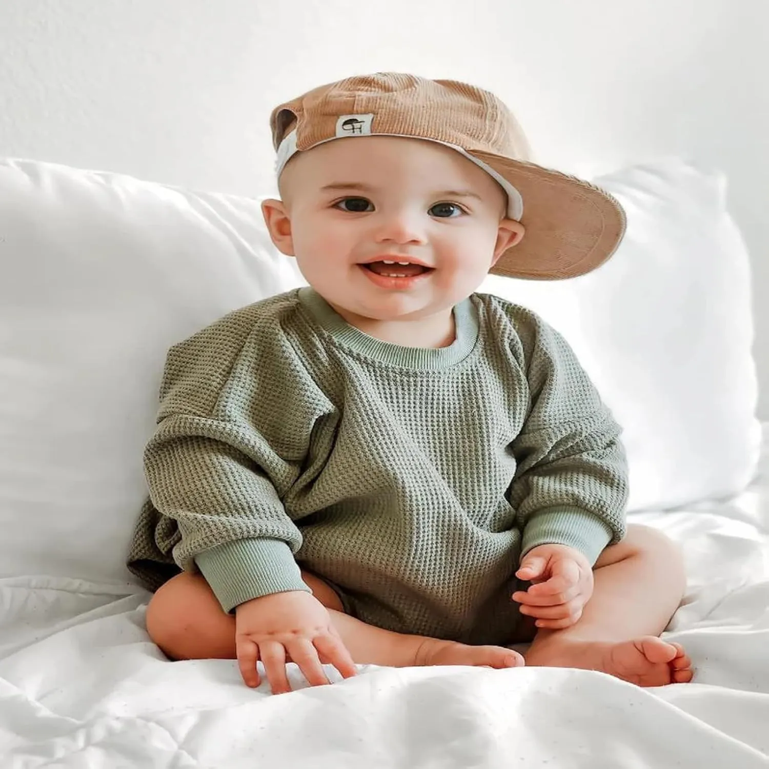 Baby Boy Girl Crewneck Sweatshirt Romper Waffle Knit Long Sleeve Bubble Romper Oversized Sweater Bodysuit Tops