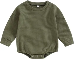 Baby Boy Girl Crewneck Sweatshirt Romper Waffle Knit Long Sleeve Bubble Romper Oversized Sweater Bodysuit Tops