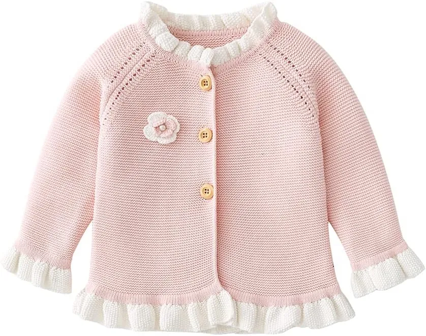 Baby Girls Knitted Cardigan Sweater Crewneck Knit Crochet Button Closure Cardigan Tops Coat Outwear for Toddler