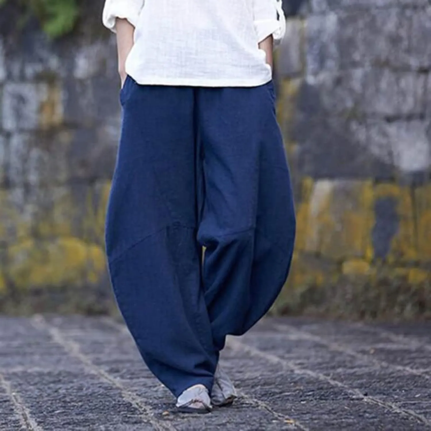 Baggy Pants for Women 2025 Summer Cotton Linen Wide Leg Pants Casual Loose Fit Elastic Waist Pull On Trousers