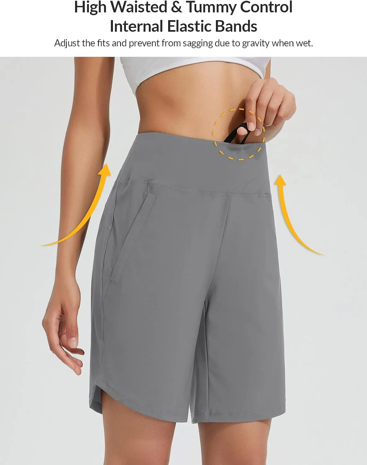 baleaf Women's 9" Long Swim Board Shorts with Zipper Pockets High Waisted Tummy Control Beach Shorts with Liner