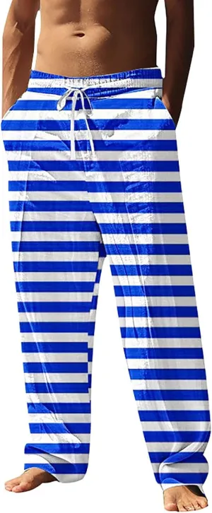 Beach Pants Men Baggy Striped Wide Leg Drawstrings Elastic Waist Loose Fit Trousers Summer Boho Yoga Pants