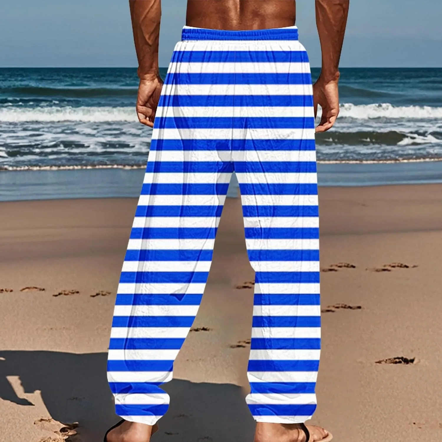Beach Pants Men Baggy Striped Wide Leg Drawstrings Elastic Waist Loose Fit Trousers Summer Boho Yoga Pants